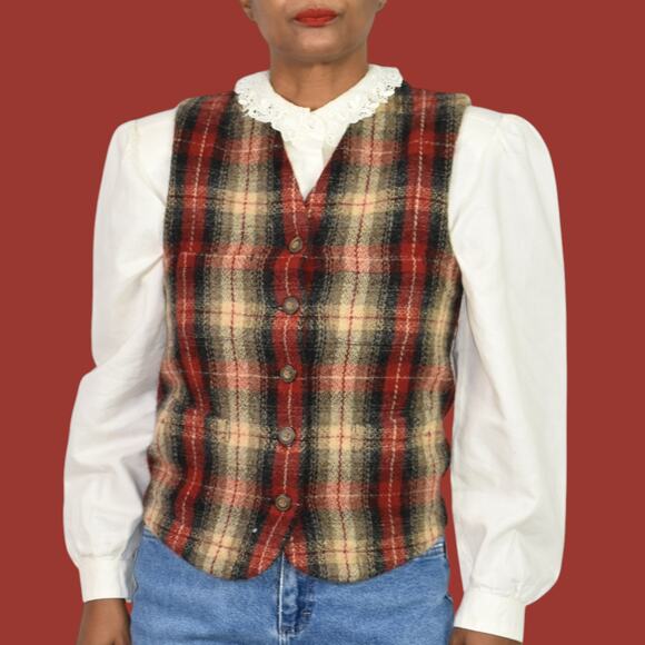 Vintage Eddie Bauer Plaid Wool Vest Red Tartan Check Equestrian Waistcoat Small - Picture 8 of 15